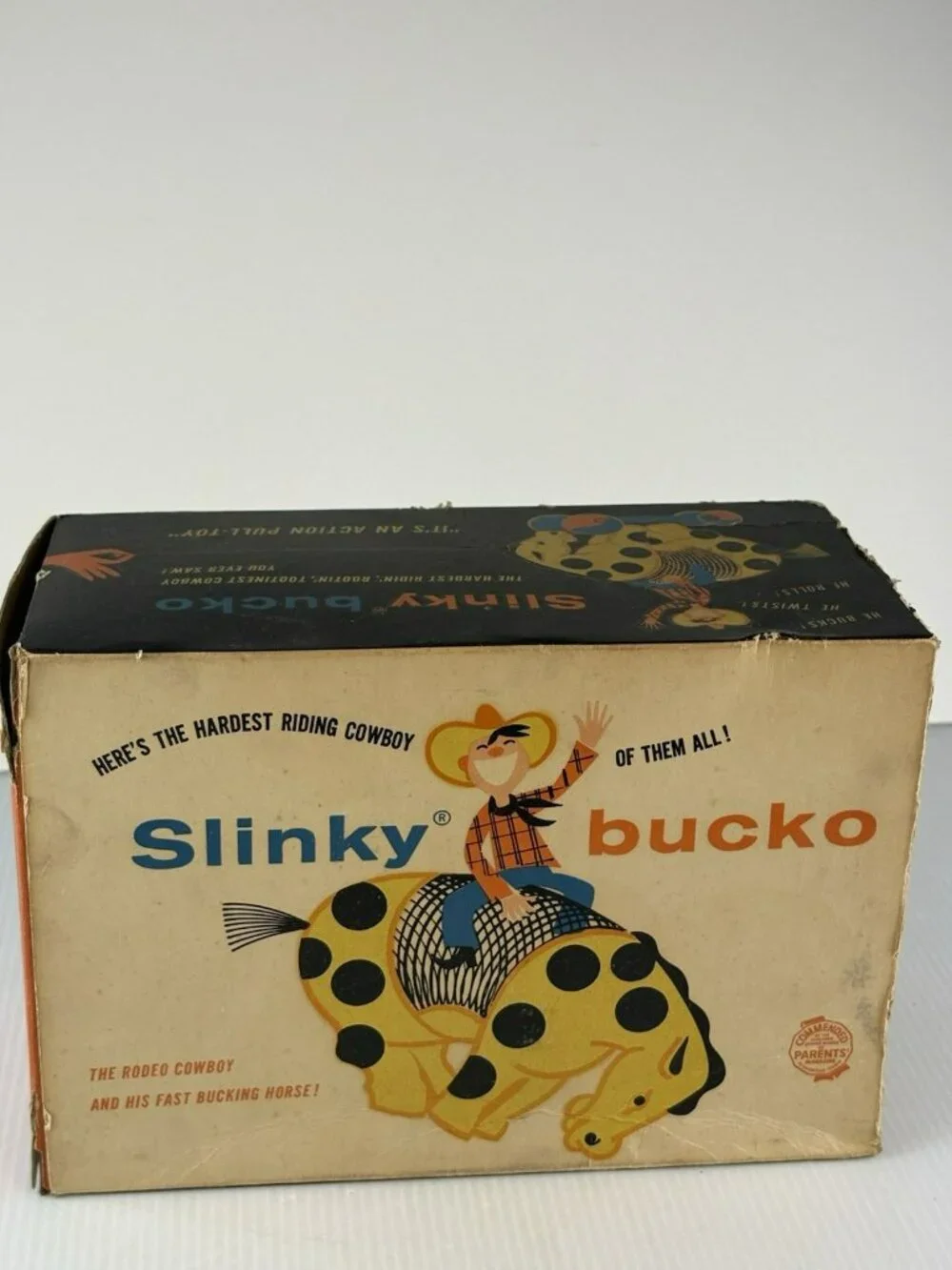 Vintage Slinky Bucko Bucking Pull Toy Cowboy 1950s With original Box